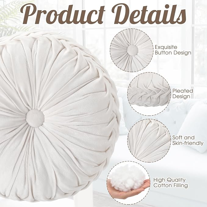 4 Pcs Round Throw Pillows 15 Inch Decorative Velvet Pleated Pumpkin Floor Boho - Image 3