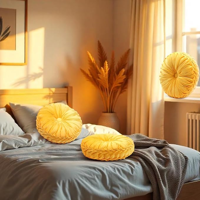2 Pcs Round Throw Pillows 15 Inch Decorative Velvet Pleated Pumpkin Floor Boho - Image 4