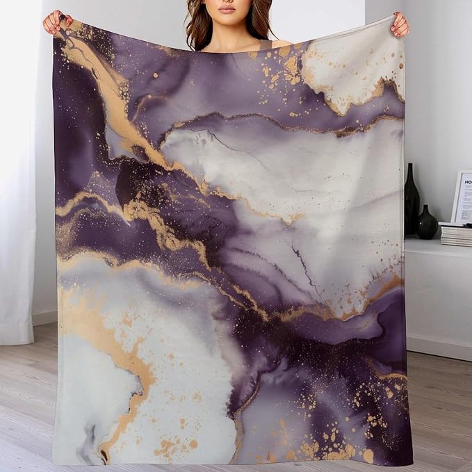 Modern Marble Blanket, Abstract Luxury Baroque Golden Purple White Stone Veins - Image 5