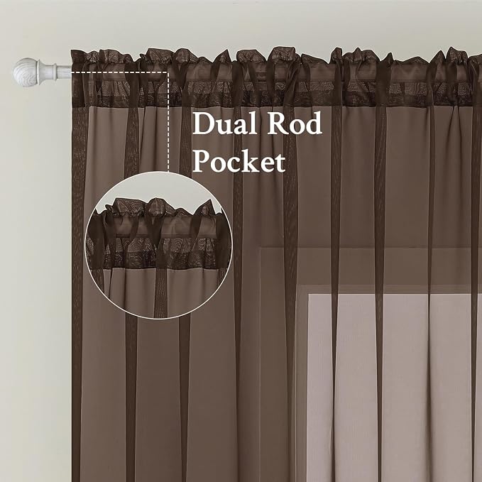 MIULEE Chocolate Brown Sheer Curtains 63 Inches Long 2 Panels, Light Filtering - Image 2