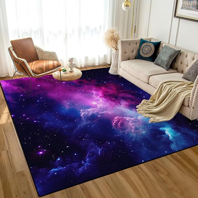 5' X 7' Purple Galaxy Rug Space Rugs Colorful Throw Rug Non-Slip Sun and Cloud - Image 5