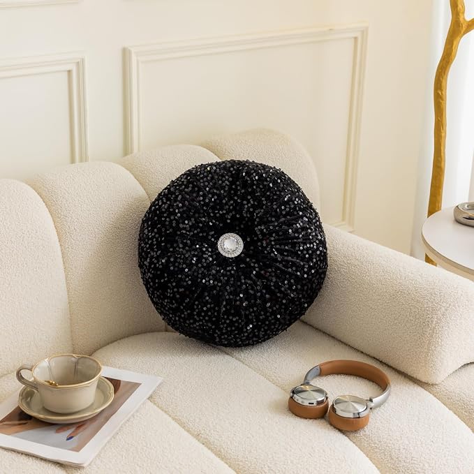Round Throw Pillow, 13.7" Soft Glitter Sequin Pleated Pumpkin Decorative Round - Image 2