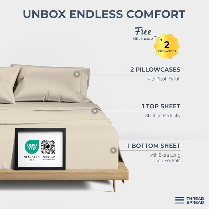 THREAD SPREAD 100% Egyptian Cotton Sheets California King Size Bed Set - Image 3