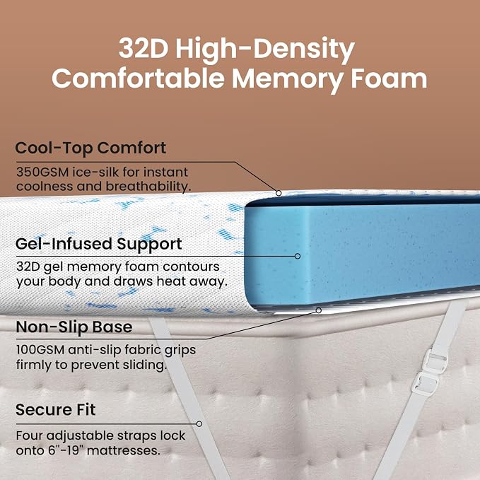 OhGeni 4 Inch Cooling Queen Size Gel Memory Foam Mattress Topper Pad, Washable - Image 6