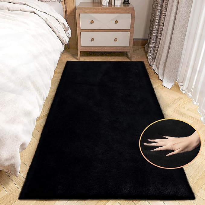 Black Fluffy Rug for Bedroom Shag Rug Washable Carpet Faux Rabbit Fur Rugs for by ORINOVA