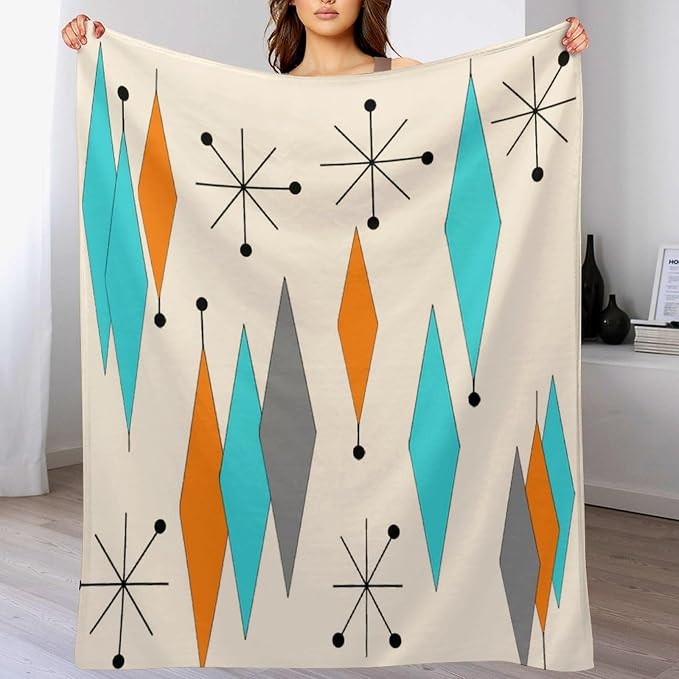Mid Century Flannel Throw Blankets, Mid Century Modern Geometric Atomic Shapes - Image 8