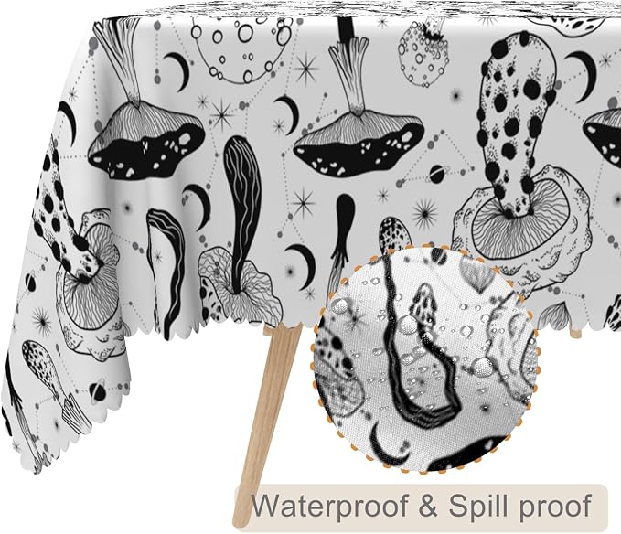 54x86inches Mushroom Tablecloth Retro 70s 60s Hippie Black and White Mushroom - Image 2