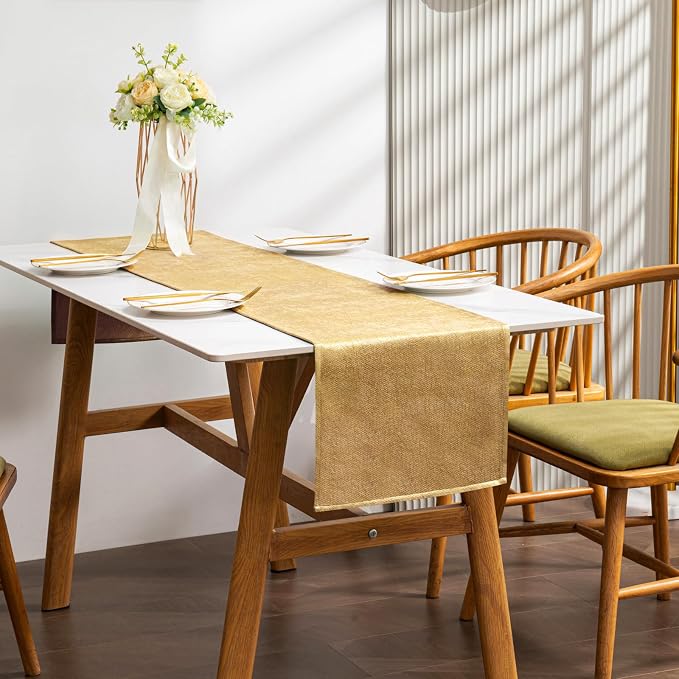 BALCONY & FALCON Gold Table Runner Lustrous Linen 14"x71" Water Resistant by BALCONYFALCON
