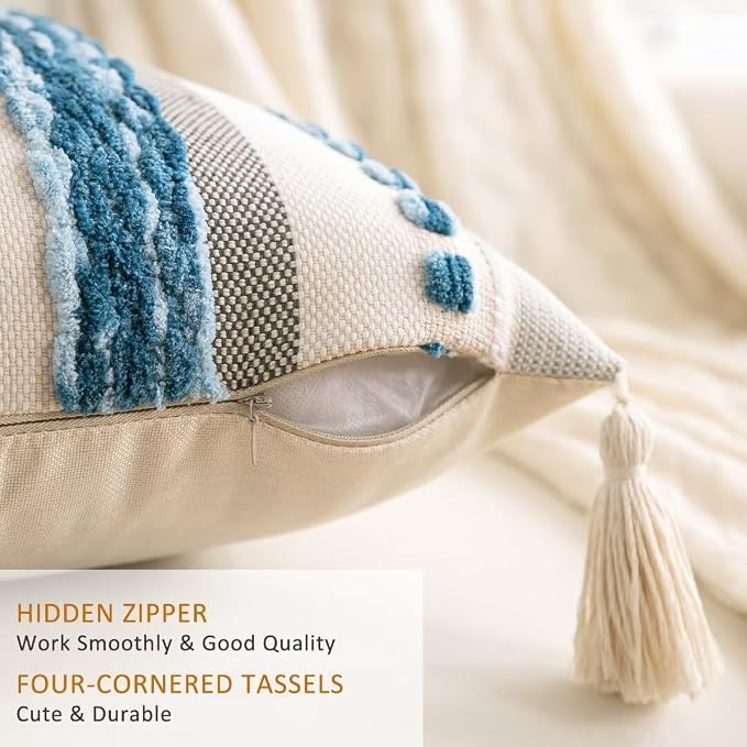 Boho Throw Pillow Covers 18x18 Set of 2 Woven Tufted Farmhouse Pillows Cover - Image 3
