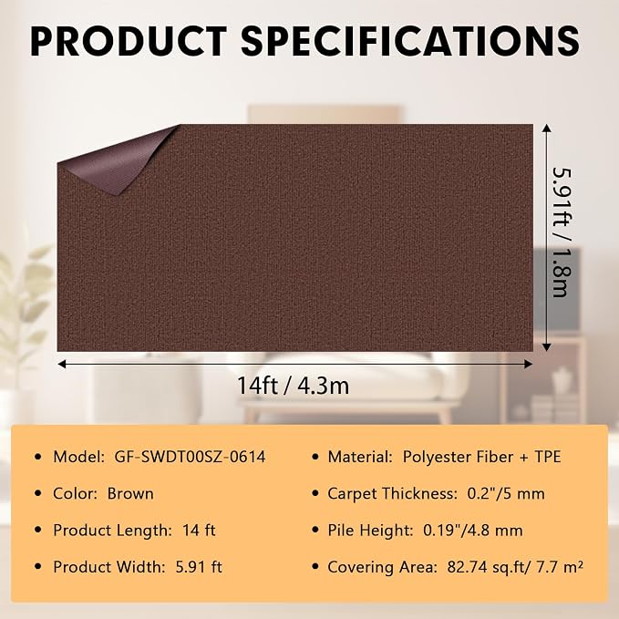Marine Carpet, 6 FT x 14 FT Brown Indoor/Outdoor Area Rug, 0.2" Thick, - Image 2