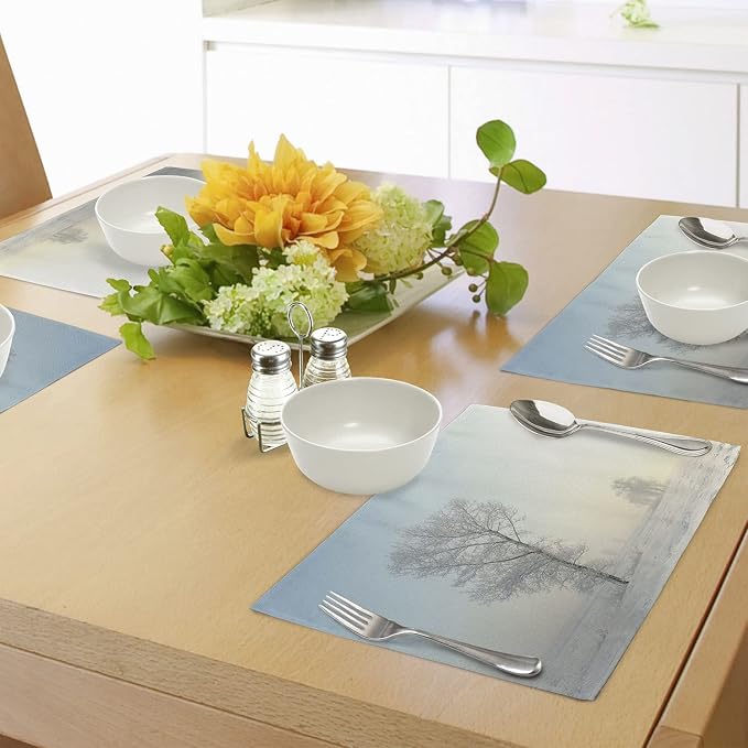 Ambesonne Winter Place Mats Set of 4, Frozen Tree on Sunny Winter Morning - Image 3