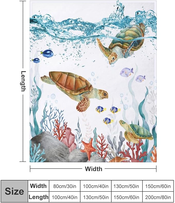Sea Turtle Throw Blanket, Teal Blue Ocean Underwater Animal Starfish Fish - Image 2