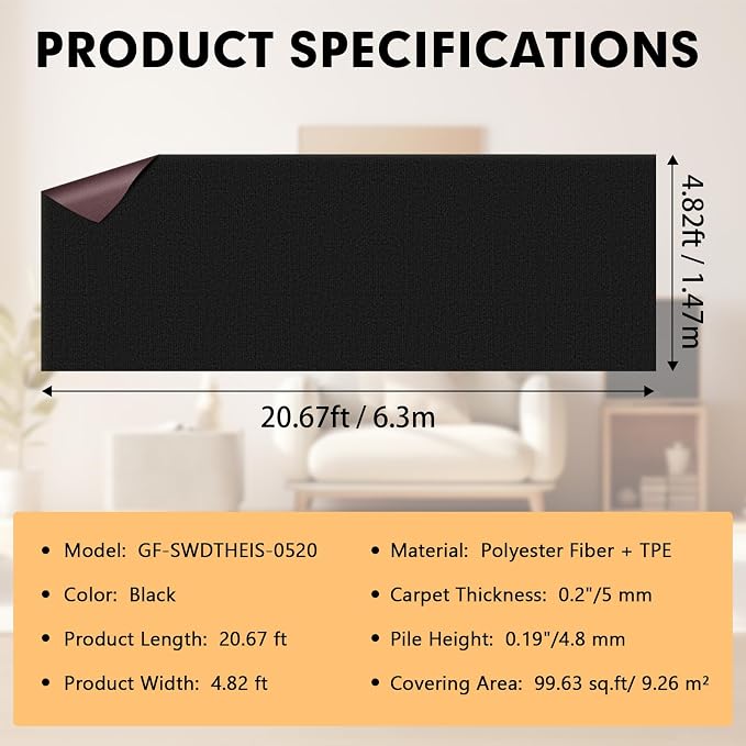 Marine Carpet, 5 FT x 20 FT Black Indoor/Outdoor Carpet, 0.2" Thick, Waterproof - Image 2