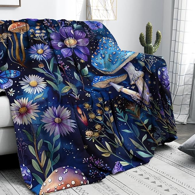 Cute Whimsical Mushroom Throw Blanket Aesthetic Dark Botanical Florals Throw - Image 2