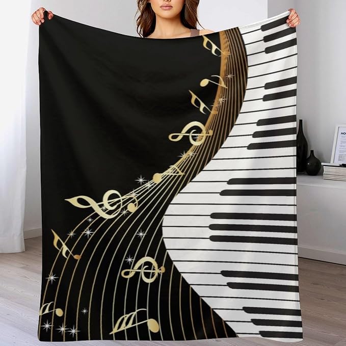 Music Note Blanket Black White Piano Keys Gold Music Note Soft Cozy Lightweight - Image 5