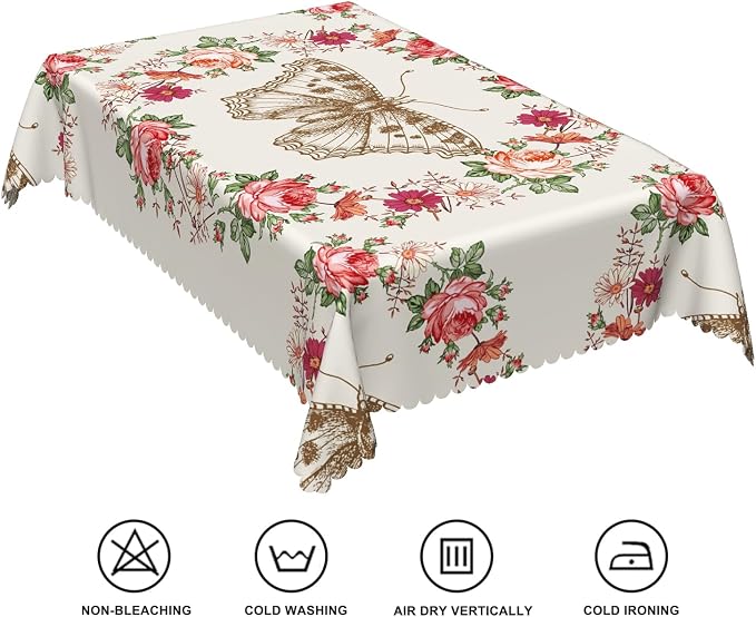 54x108inches Floral Rectangle Tablecloth Red Rose Flower Butterfly Printed - Image 6