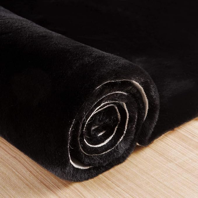 Black Faux Rabbit Washable Fur Area Rugs - Image 7