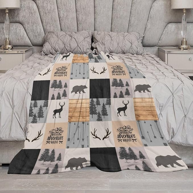 Rustic Cabin Throw Blanket, Retro Camping Bear Deer Farmhouse Wildlife Tree - Image 7