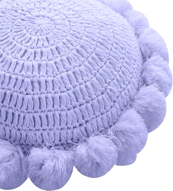 Boho Round Throw Pillow with Cute Handmade Pom Poms Tassels 18 Inch, Decorative - Image 2