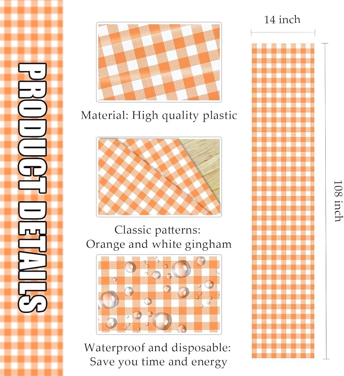 12 Pcs Orange and White Checkered Table Runner Plastic 14 x 108 Disposable - Image 3
