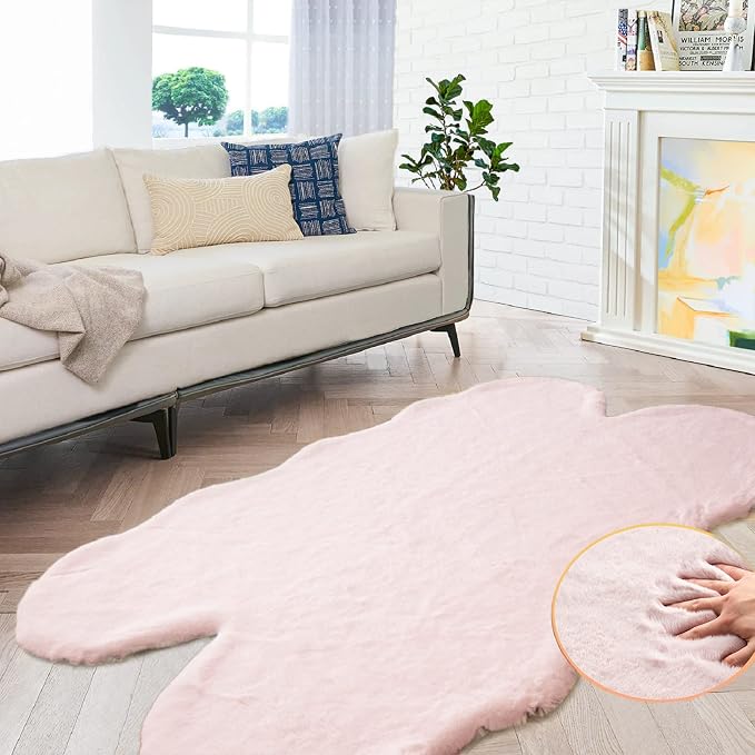 Pink Fluffy Shag Carpet Faux Bunny Washable Plush Fur Area Rugs by ORINOVA