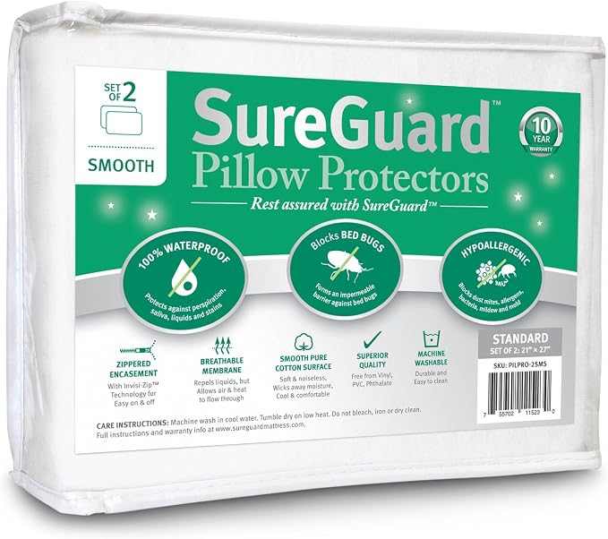 Set of 2 Standard Size SureGuard Pillow Protectors by SureGuardMattressProtectors