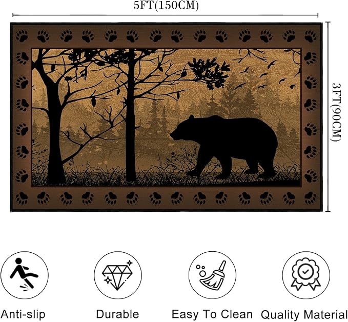 Rustic Area Rug 3x5, Bear Country Cabin Wildlife, Ultra-Thin Washable Throw - Image 2