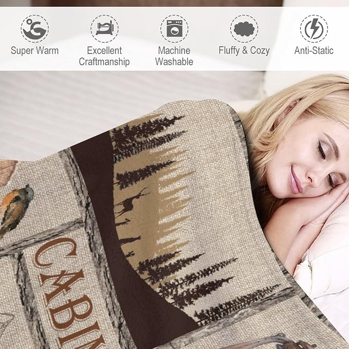 Rustic Cabin Bear Blanket, Lake Country Lodge Bear Deer Forest Farmhouse Camp - Image 4
