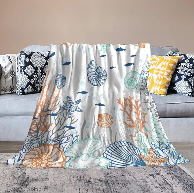 Nautical Coastal Blanket, Starfish Seashell Coral Beach Themed Drapes Ocean - Image 5