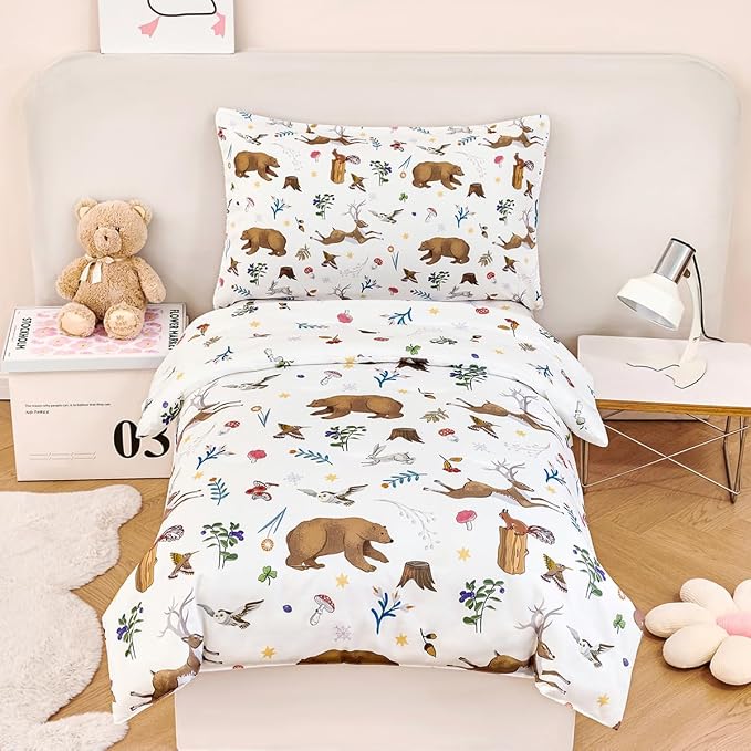 PERFEMET Kids Comforter Sets Twin 4 Pieces Cartoon Woodland Animal Print Bedding by PERFEMET