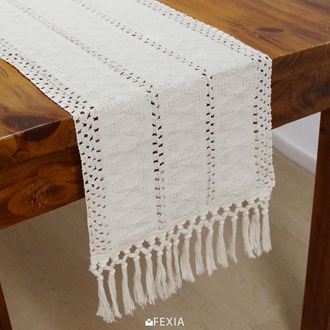 Fexia Table Runner with Tassels Boho Macrame 72 Inches Long Cream Rustic Table - Image 5