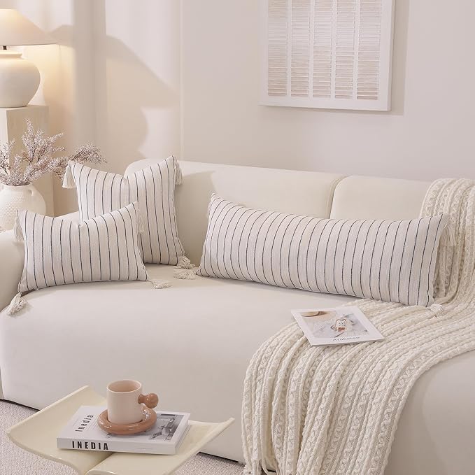 Decorative Boho Throw Pillow Cover 18x18 Inch Set of 2, Textured Linen Striped - Image 7