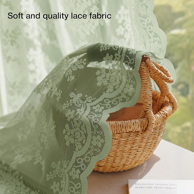 Anmao Vintage Sage Green Lace Curtains 84 Inches Long 2 Panels Sets, Romantic - Image 4