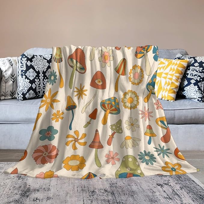 70s Mushroom Throw Blanket, Retro 60s Groovy Mushroom Boho Hippie Flowers Print - Image 6