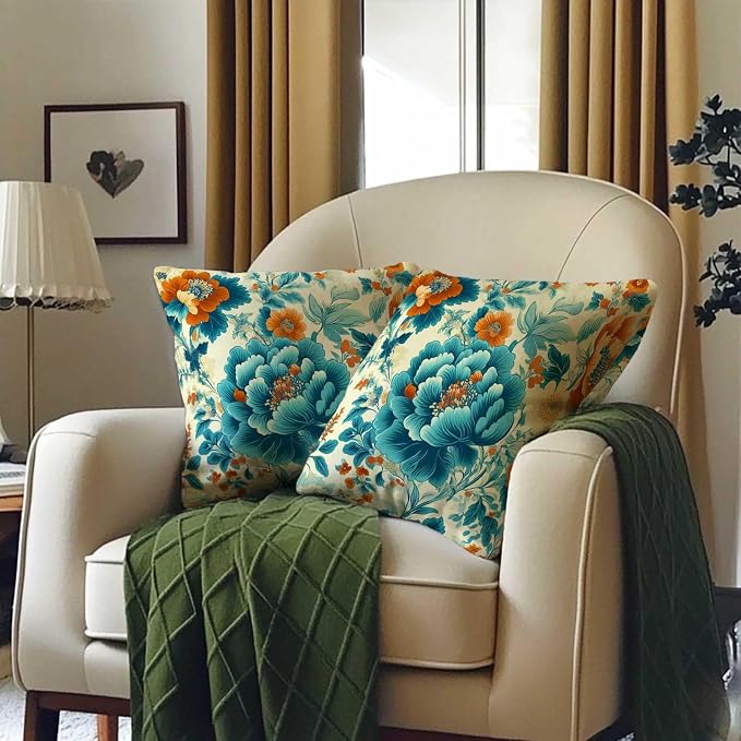 Turquoise Floral Throw Pillow Covers Set of 2 | Teal Vintage Flower Pillow Cases - Image 3