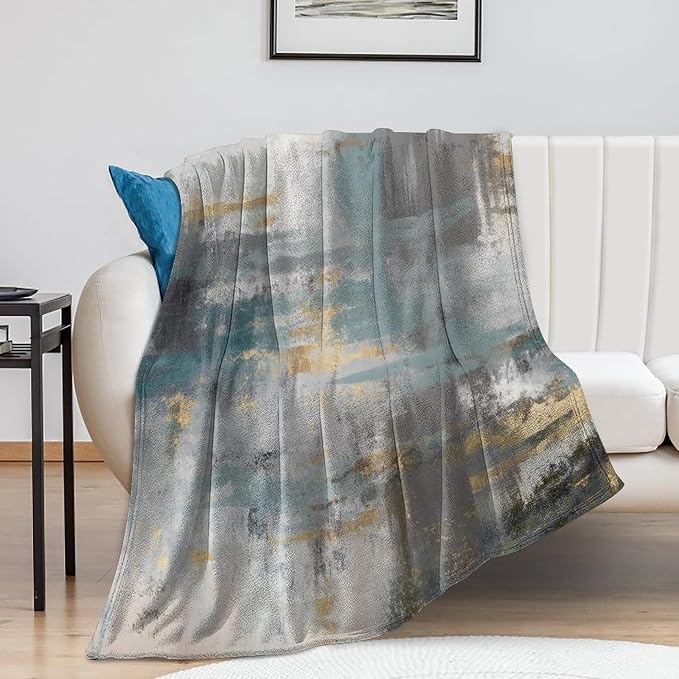 Fashion Gradient Blanket, Modern Art Baroque Gold Grey Green Painting Strokes by Unknown