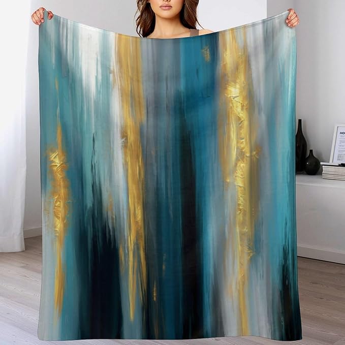 Fashion Gradient Blanket, Modern Abstract Art Gold Lake Blue Painting Strokes - Image 5