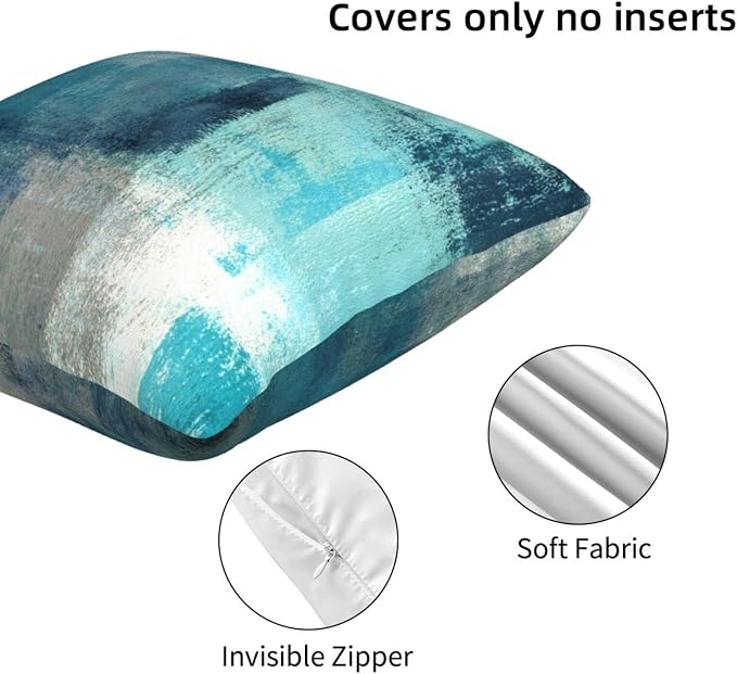 bassyil Teal Grey Abstract Art Painting Throw Pillow Covers Decorative Linen - Image 4