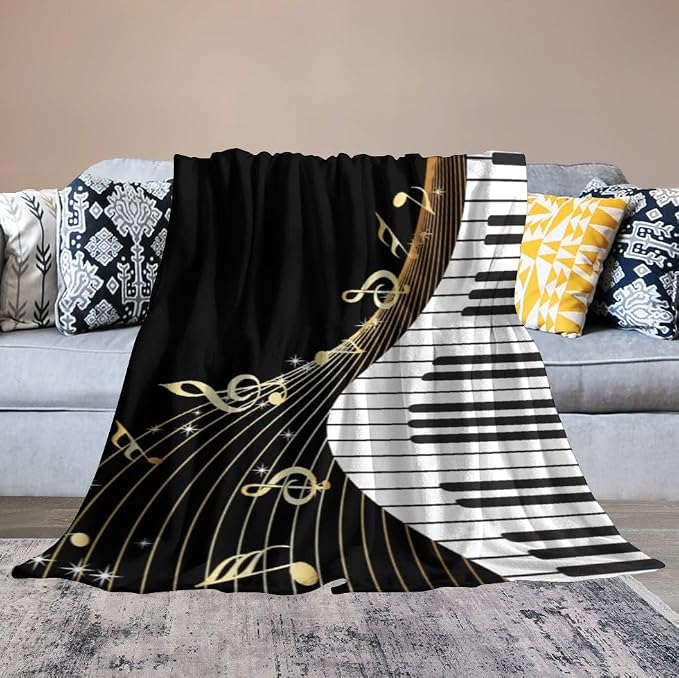 Music Note Blanket Black White Piano Keys Gold Music Note Soft Cozy Lightweight - Image 4