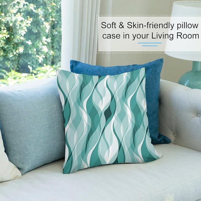 Teal Throw Pillow Covers Abstract Turquoise and Grey Striped Decorations - Image 5