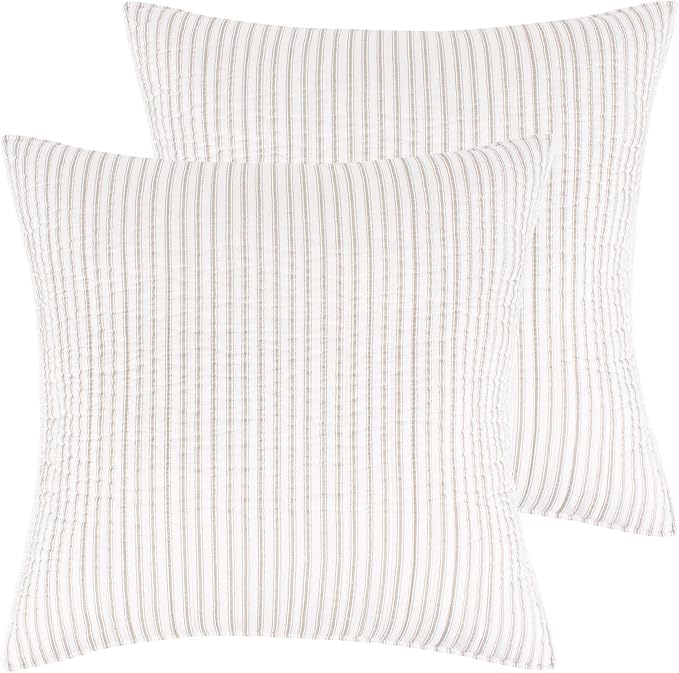Levtex Home - Tobago Stripe Taupe - Quilted Taupe and White Shams Set of Two by LevtexHome