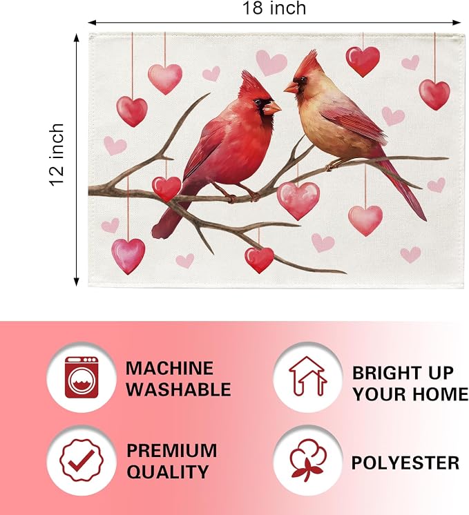 Valentines Day Cardinal Placemats Set of 4, Anniversary Wedding Home Kitchen - Image 2