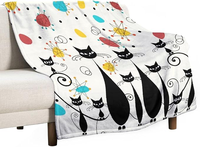 Mid Century Modern Throw Blanket, Atomic Black Cat Starbursts Iconic Sputnik by JanJCurt