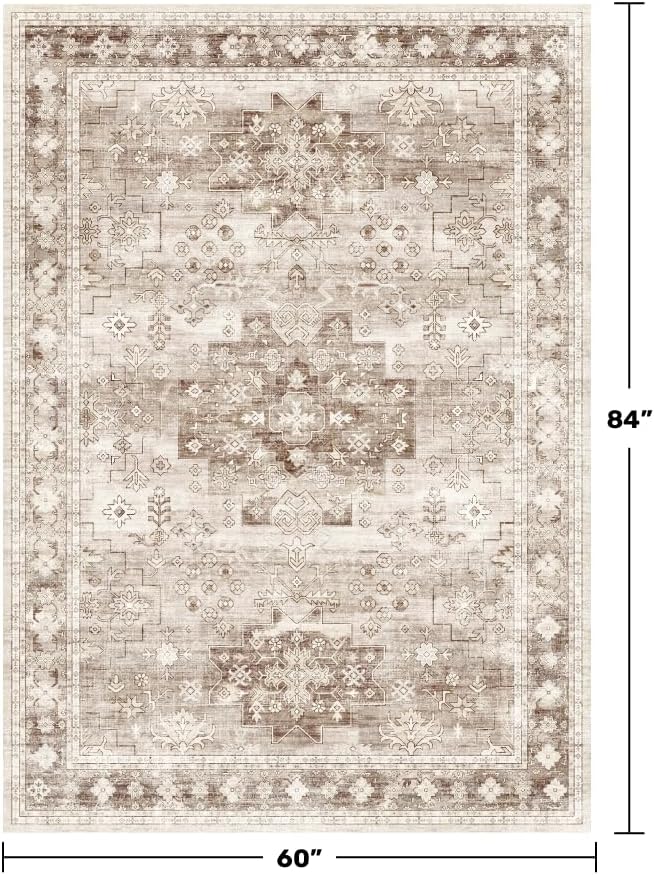 Washable Neutral Farmhouse Bedroom Rug, 5x7 Area Rugs - Image 2