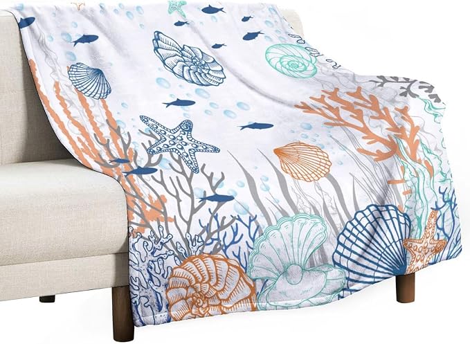 Nautical Coastal Blanket, Starfish Seashell Coral Beach Themed Drapes Ocean by JanJCurt