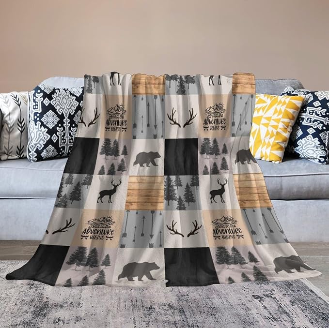 Rustic Cabin Throw Blanket, Retro Camping Bear Deer Farmhouse Wildlife Tree - Image 6