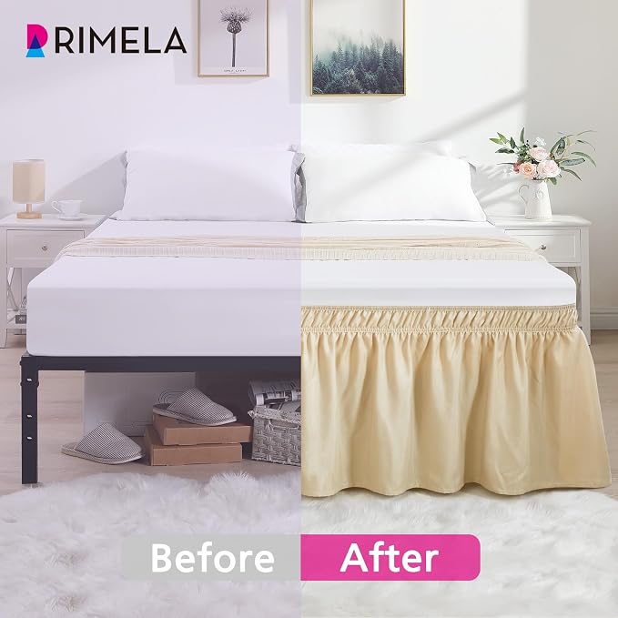RIMELA Oatmeal Bed Skirt King Size 15 Inch Drop, Elastic Bed Skirting - Image 3