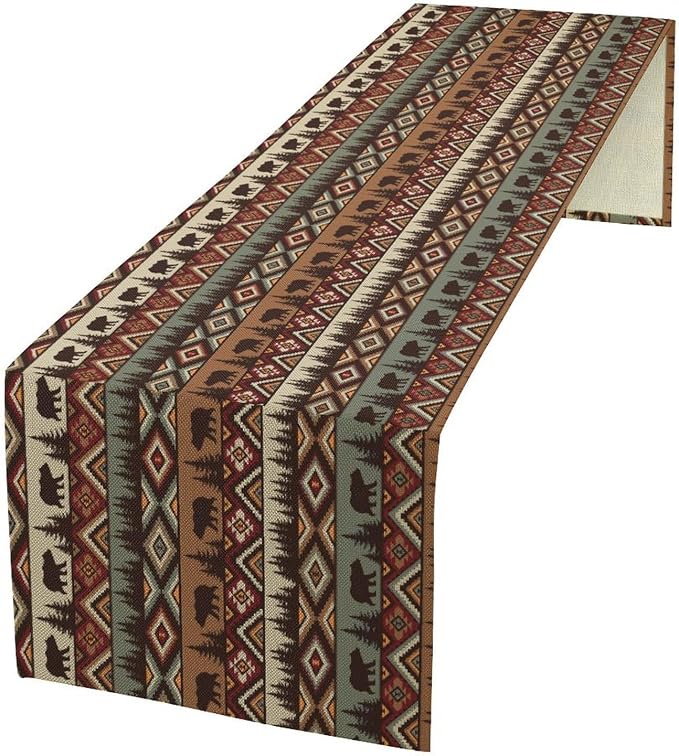 Rustic Bear Table Runner, Cabin Wild Animal Deer Moose Pine Tree Aztec Native by Unknown