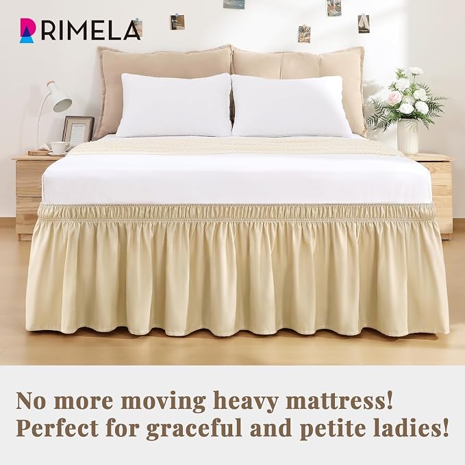 RIMELA Beige White Bed Skirt Queen Size 15 Inch Drop, Elastic Bed Skirting - Image 4
