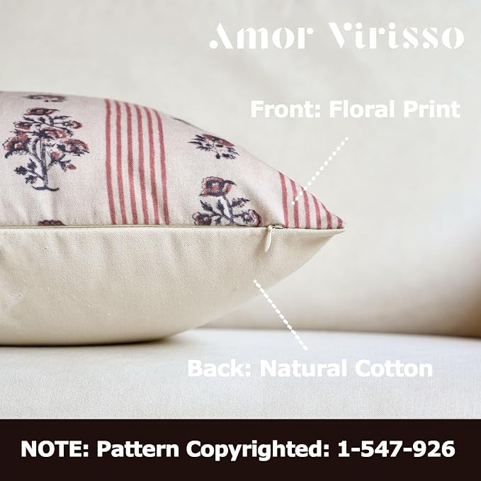 Amor Virisso Floral Throw Pillow Covers 18x18 Set of 2 Block Print Pillow - Image 2
